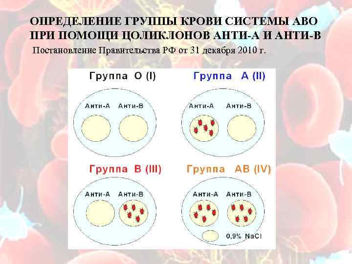 ОПРЕДЕЛЕНИЕ ГРУППЫ КРОВИ СИСТЕМЫ АВО ПРИ ПОМОЩИ ЦОЛИКЛОНОВ АНТИ-А И АНТИ-В Постановление Правительства РФ