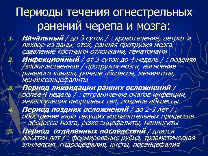 Периоды течения огнестрельных ранений черепа и мозга: 1. 2. 3. 4. 5. Начальный /