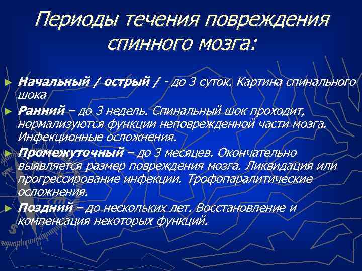 Периоды течения повреждения спинного мозга: Начальный / острый / - до 3 суток. Картина