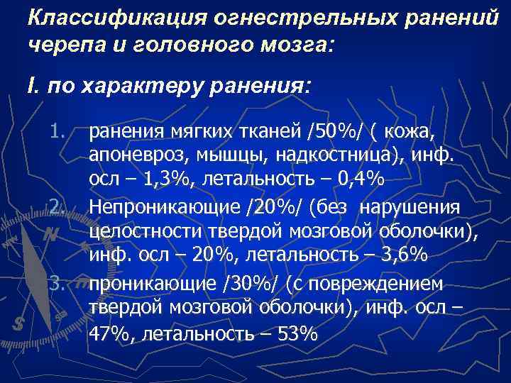 Классификация огнестрельных ранений черепа и головного мозга: I. по характеру ранения: 1. 2. 3.