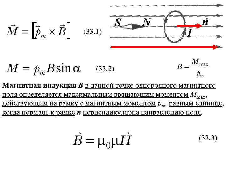 (33. 1) (33. 2) Магнитная индукция B в данной точке однородного магнитного поля определяется