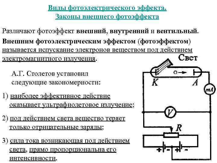 В чем заключается фотоэффект. Виды фотоэлектрического эффекта законы внешнего фотоэффекта. Фотоэффект внешний внутренний вентильный. Внешний фотоэффект и внутренний фотоэффект. Внутренний и вентильный фотоэффект.