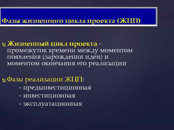 Фазы жизненного цикла проекта (ЖЦП) Жизненный цикл проекта - промежуток времени между моментом появления