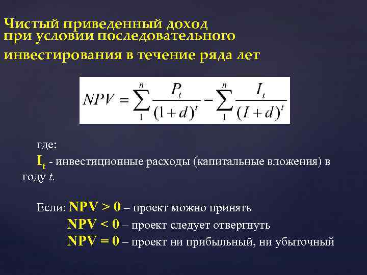 Чистый приведенный доход при условии последовательного инвестирования в течение ряда лет где: It -