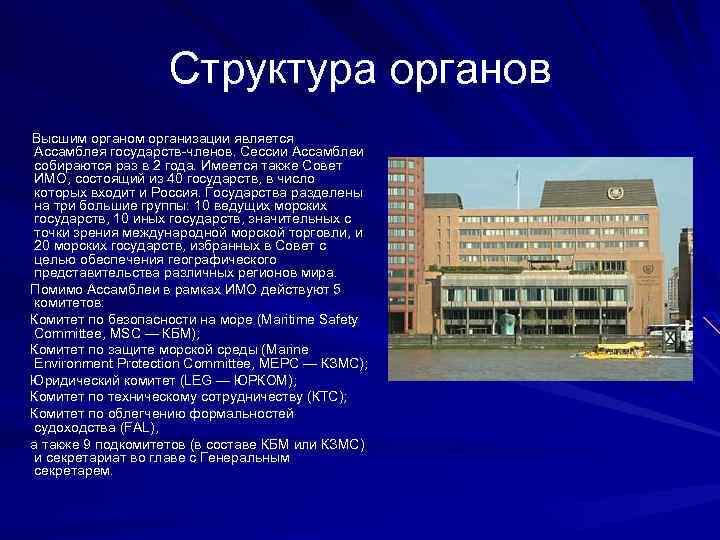 Структура органов Высшим органом организации является Ассамблея государств-членов. Сессии Ассамблеи собираются раз в 2