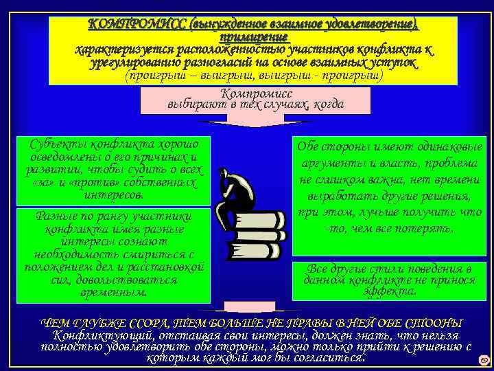 КОМПРОМИСС (вынужденное взаимное удовлетворение), примирение характеризуется расположенностью участников конфликта к урегулированию разногласий на основе