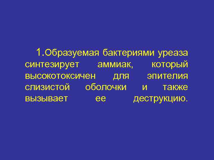 1. Образуемая бактериями уреаза синтезирует аммиак, который высокотоксичен для эпителия слизистой оболочки и также