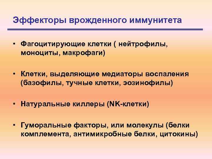 Эффекторы врожденного иммунитета • Фагоцитирующие клетки ( нейтрофилы, моноциты, макрофаги) • Клетки, выделяющие медиаторы