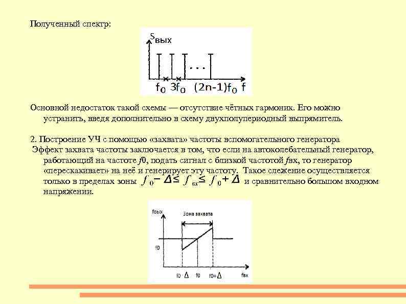 Полученный спектр: Основной недостаток такой схемы — отсутствие чётных гармоник. Его можно устранить, введя