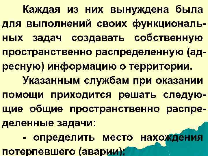 Каждая из них вынуждена была для выполнений своих функциональных задач создавать собственную пространственно распределенную