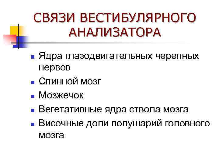 СВЯЗИ ВЕСТИБУЛЯРНОГО АНАЛИЗАТОРА n n n Ядра глазодвигательных черепных нервов Спинной мозг Мозжечок Вегетативные