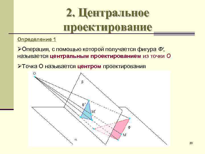 2. Центральное проектирование Определение 1 ØОперация, с помощью которой получается фигура Ф′, называется центральным
