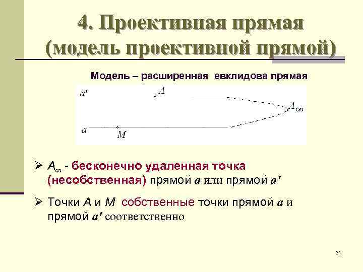 4. Проективная прямая (модель проективной прямой) Модель – расширенная евклидова прямая Ø А -