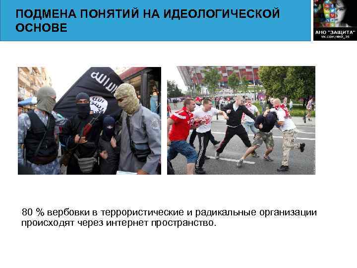 ПОДМЕНА ПОНЯТИЙ НА ИДЕОЛОГИЧЕСКОЙ ОСНОВЕ 80 % вербовки в террористические и радикальные организации происходят