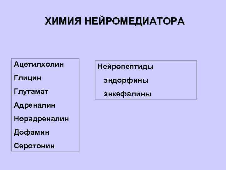 ХИМИЯ НЕЙРОМЕДИАТОРА Ацетилхолин Нейропептиды Глицин эндорфины Глутамат энкефалины Адреналин Норадреналин Дофамин Серотонин 