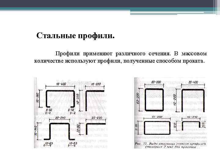 Стальные профили. Профили применяют различного сечения. В массовом количестве используют профили, полученные способом проката.