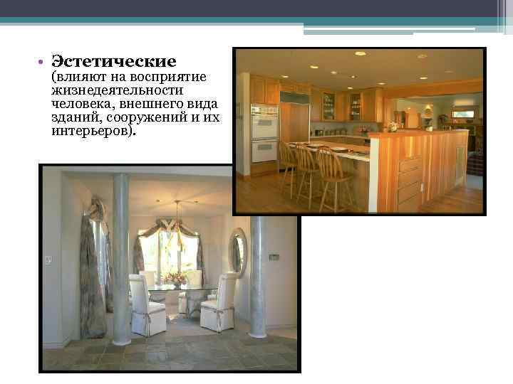  • Эстетические (влияют на восприятие жизнедеятельности человека, внешнего вида зданий, сооружений и их