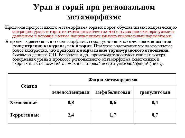 Уран и торий при региональном метаморфизме Процессы прогрессивного метаморфизма горных пород обуславливают направленную миграцию