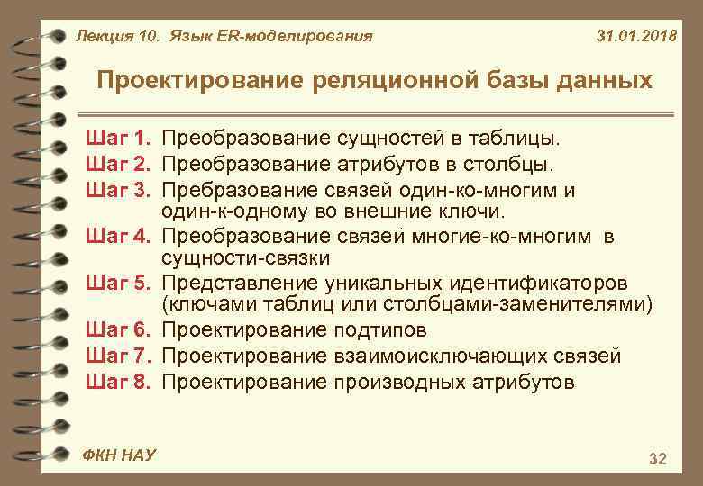 Лекция 10. Язык ER-моделирования 31. 01. 2018 Проектирование реляционной базы данных Шаг 1. Преобразование