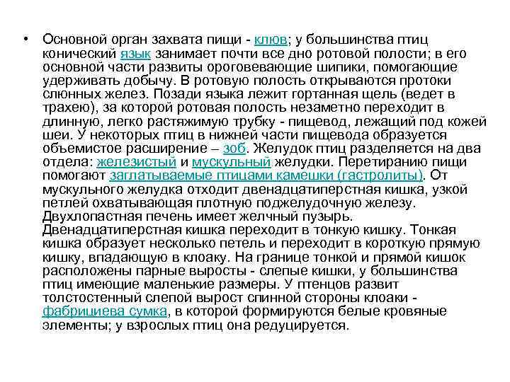  • Основной орган захвата пищи - клюв; у большинства птиц конический язык занимает