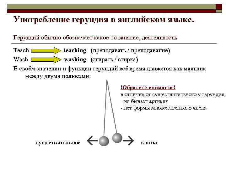 Употребление герундия в английском языке. Герундий обычно обозначает какое-то занятие, деятельность: Teach teaching (преподавать