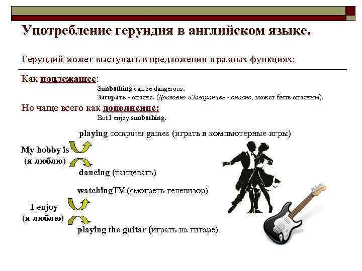 Употребление герундия в английском языке. Герундий может выступать в предложении в разных функциях: Как