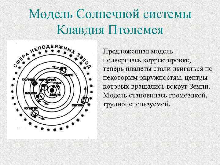 Модель Солнечной системы Клавдия Птолемея Предложенная модель подверглась корректировке, теперь планеты стали двигаться по