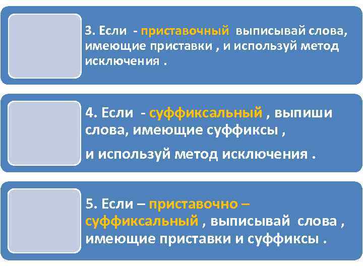 3. Если - приставочный выписывай слова, имеющие приставки , и используй метод исключения. 4.