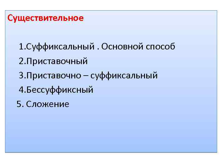 Существительное 1. Суффиксальный. Основной способ 2. Приставочный 3. Приставочно – суффиксальный 4. Бессуффиксный 5.