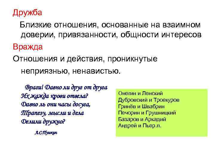 Дружба Близкие отношения, основанные на взаимном доверии, привязанности, общности интересов Вражда Отношения и действия,