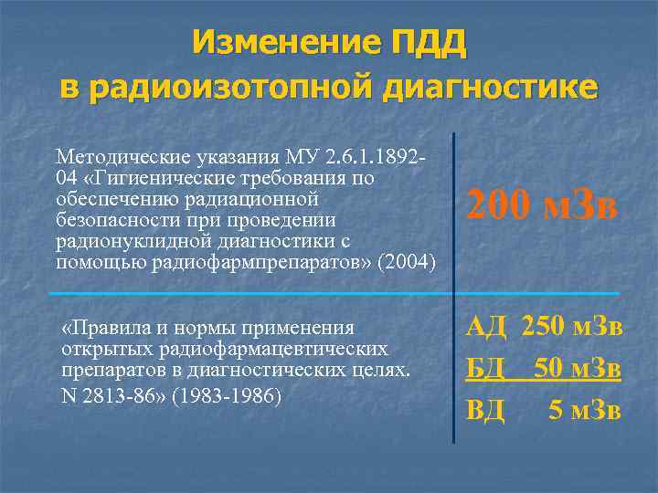 Изменение ПДД в радиоизотопной диагностике Методические указания МУ 2. 6. 1. 189204 «Гигиенические требования