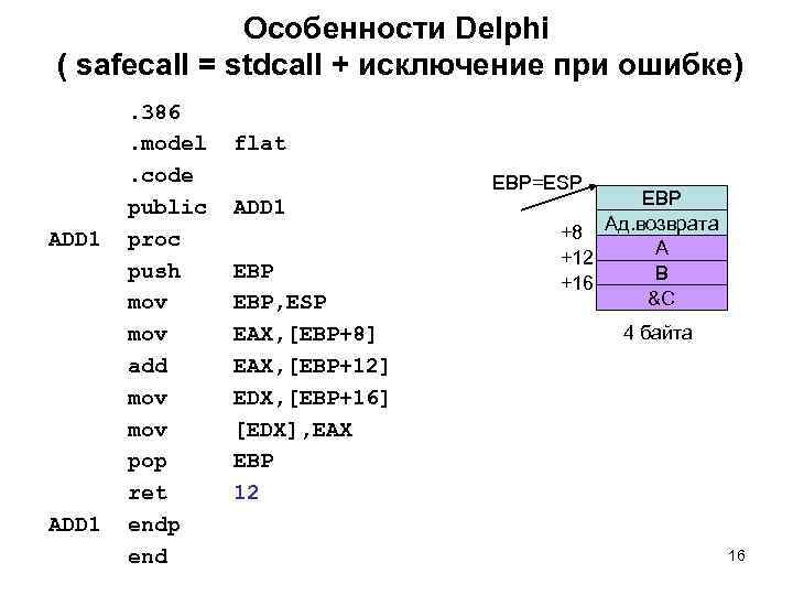  Особенности Delphi ( safecall = stdcall + исключение при ошибке) . 386 .