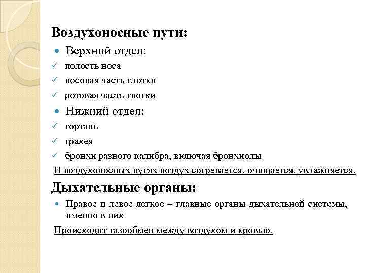 Воздухоносные пути: Верхний отдел: полость носа носовая часть глотки ротовая часть глотки Нижний отдел: