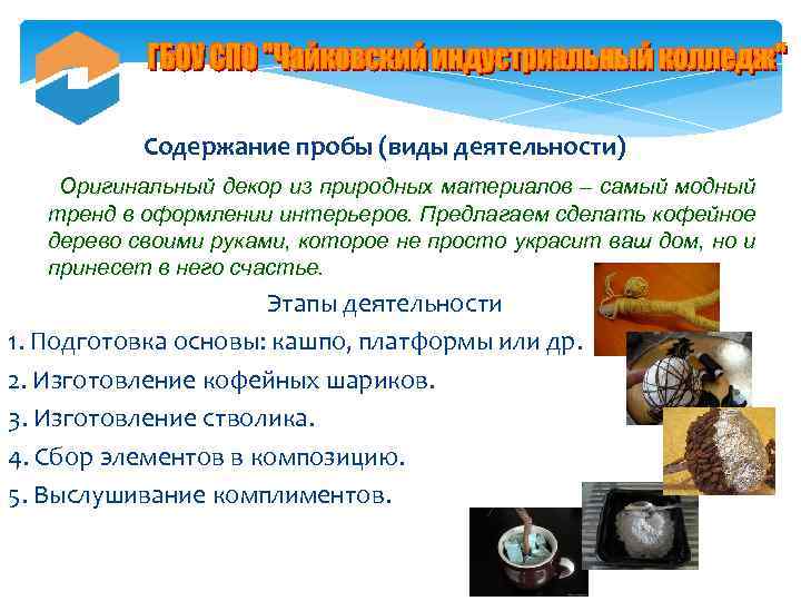 Содержание пробы (виды деятельности) Оригинальный декор из природных материалов – самый модный тренд в