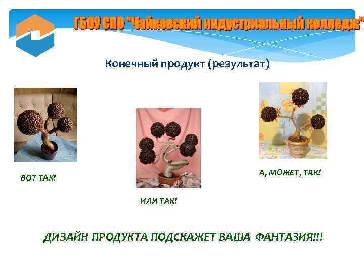 Конечный продукт (результат) А, МОЖЕТ, ТАК! ВОТ ТАК! ИЛИ ТАК! ДИЗАЙН ПРОДУКТА ПОДСКАЖЕТ ВАША