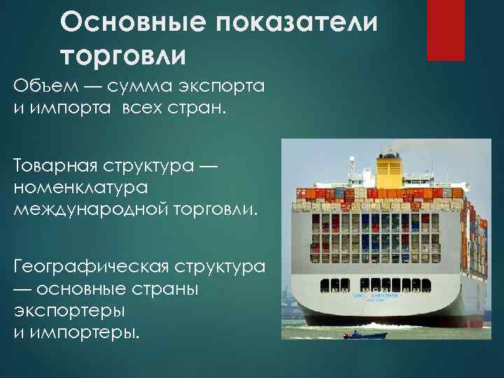 Основные показатели торговли Объем — сумма экспорта и импорта всех стран. Товарная структура —