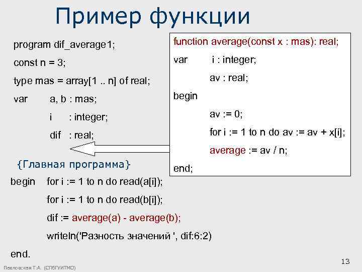 Пример функции program dif_average 1; function average(const x : mas): real; const n =