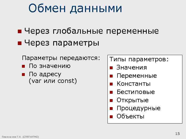 Обмен данными Через глобальные переменные n Через параметры n Параметры передаются: n По значению