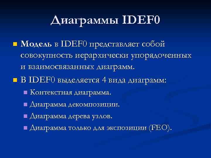 Диаграммы IDEF 0 Модель в IDEF 0 представляет собой совокупность иерархически упорядоченных и взаимосвязанных