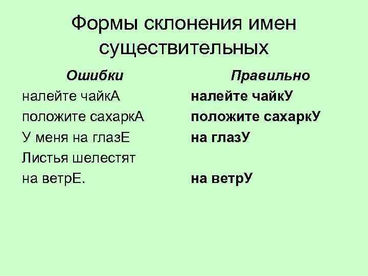 Формы склонения имен существительных Ошибки налейте чайк. А положите сахарк. А У меня на