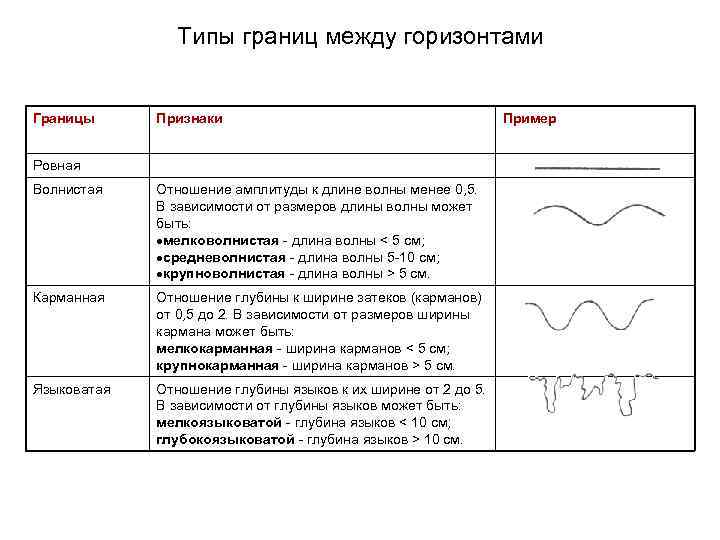 Типы границ между горизонтами Границы Признаки Ровная Волнистая Отношение амплитуды к длине волны менее