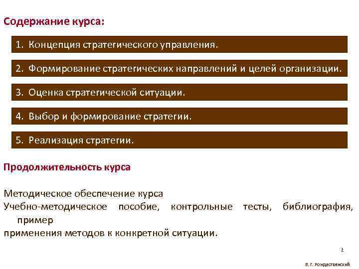 Содержание курса: 1. Концепция стратегического управления. 2. Формирование стратегических направлений и целей организации. 3.