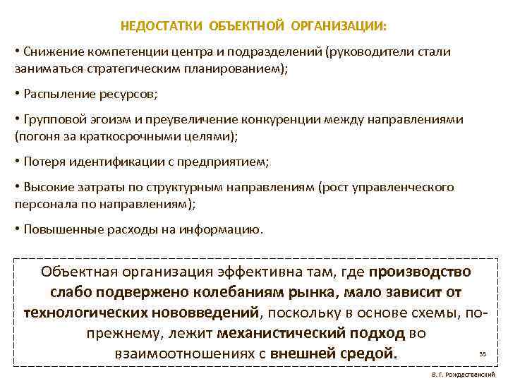 НЕДОСТАТКИ ОБЪЕКТНОЙ ОРГАНИЗАЦИИ: • Снижение компетенции центра и подразделений (руководители стали заниматься стратегическим планированием);