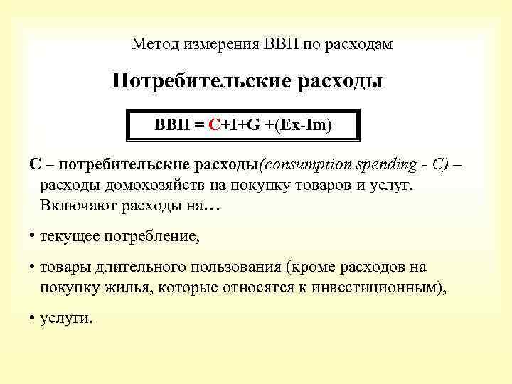 Метод измерения ВВП по расходам Потребительские расходы ВВП = С+I+G +(Ex-Im) C – потребительские
