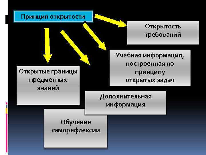 Принцип открытости Открытость требований Открытые границы предметных знаний Учебная информация, построенная по принципу открытых