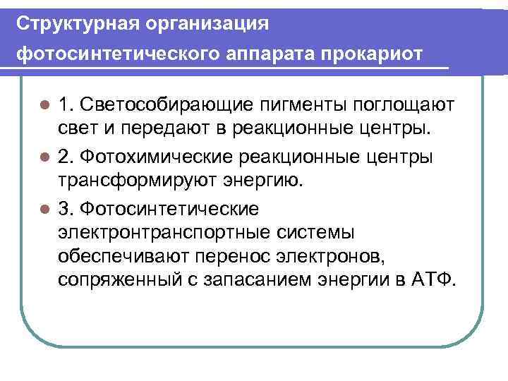 Структурная организация фотосинтетического аппарата прокариот 1. Светособирающие пигменты поглощают свет и передают в реакционные