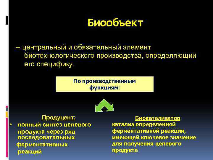 Биообъект – центральный и обязательный элемент биотехнологического производства, определяющий его специфику. По производственным функциям: