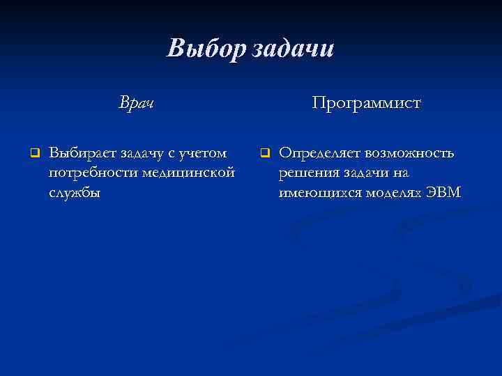 Выбор задачи Врач q Выбирает задачу с учетом потребности медицинской службы Программист q Определяет