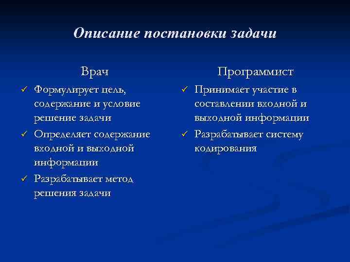 Описание постановки задачи Врач ü ü ü Формулирует цель, содержание и условие решение задачи