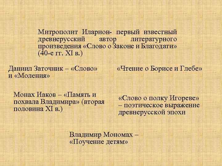 Митрополит Иларион- первый известный древнерусский автор литературного произведения «Слово о Законе и Благодати» (40